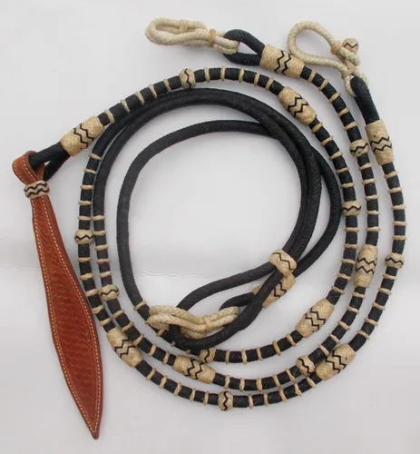 Miniatura 2 de Cuerda negra con nudos naturales, piel cruda, tachuelas de caballo trenzadas a mano Romal Romel Reins hecha a mano, cuerda de rancho/cuerda, 8.5