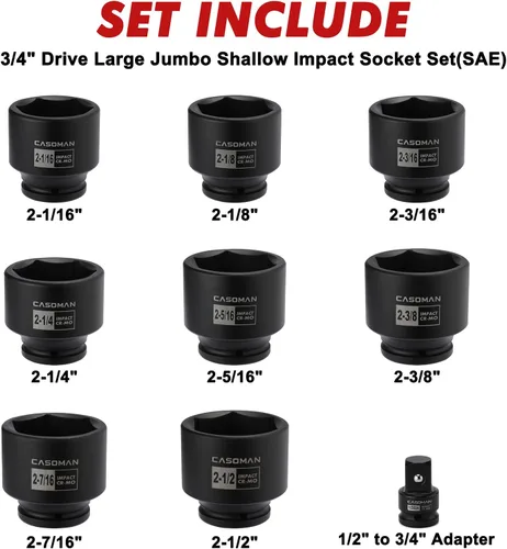 Miniatura 2 de CASOMAN 9 piezas 3/4" unidad de eje profundo tuerca de eje impacto enchufe set, incluye adaptador de 1/2" a 3/4", 6 puntos, CR-MO, 2-1/16" a 2-1/2