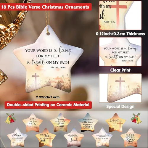 Miniatura 2 de Barydat 18 adornos de Navidad cristianos, versículo de la Biblia, adornos de cerámica para árbol de Navidad, en forma de estrella, escritura