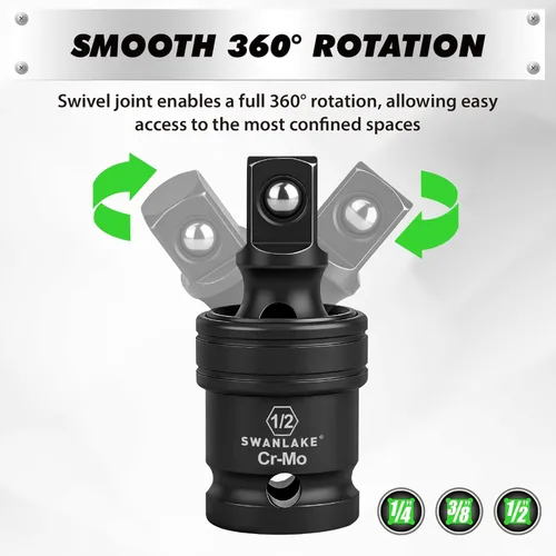 Miniatura 3 de SWANLAKE GARDEN TOOLS Juego de adaptadores giratorios de impacto de 7 piezas, 1/4" 3/8" 1/2" Drive Universal Joint Socket Set CR-MO Steel, reductor