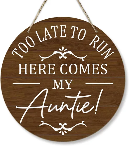 PHAMTE Rustic Wedding Round Wreath Sign, Funny Ring Bearer Wall Hanging Plaque Wood Sign, too Late to Run Here Comes My Auntie Decor Decorations for