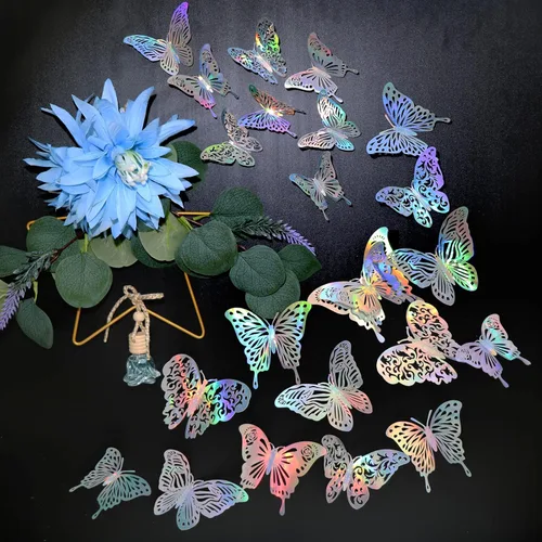 Miniatura 4 de 60 calcomanías de pared de mariposa plateada iridiscente 3D, calcomanías holográficas con 5 estilos murales de papel decorativo para guardería, aula