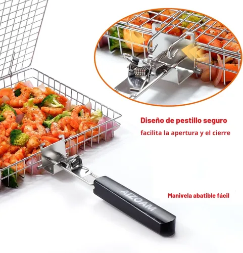 Miniatura 4 de AIGMM herramienta de malla de acero inoxidable portátil, para asar a la parrilla pescado, vegetales, carne, camarones, costillitas, y mucho mas.