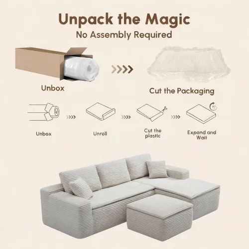 Miniatura 7 de Sofá modular de nube, sofá seccional sin hueso para sala de estar, sofá de espuma viscoelástica de tela de pana, sin montaje, de lujo, moderno