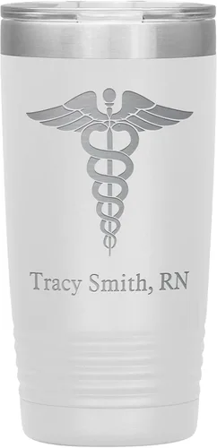 Miniatura 9 de Vaso de enfermera registrado personalizado con nombre, regalo RN, 20 onzas, taza RN de acero inoxidable grabada, color negro