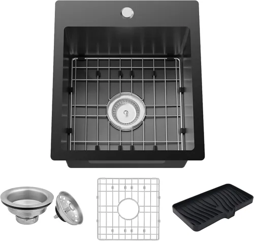 Fregadero de cocina negro, fregadero de barra de acero inoxidable de 15 x 17 pulgadas, fregadero de cocina pequeño, elección ideal para espacios