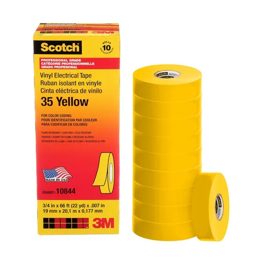 3M Scotch Cinta eléctrica de codificación de colores de vinilo de 35, 3/4 pulgadas x 66 pies, color amarillo, paquete de 10 rollos