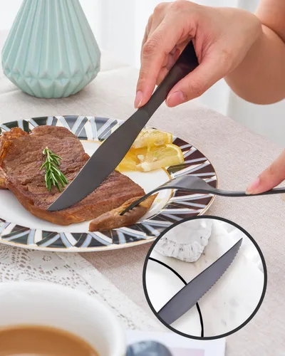 Miniatura 6 de Juego de cubiertos negros mate con cuchillos para carne, juego de cubiertos de acero inoxidable de 36 piezas para 6, moderno juego de cubiertos