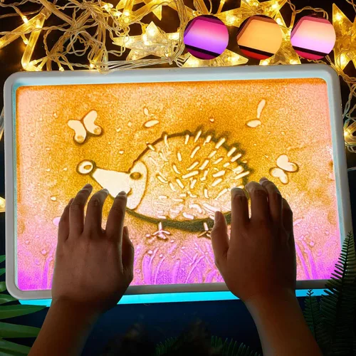 Caja de luz de pintura de arena de 16 pulgadas, mesa sensorial portátil iluminada para niños y adultos, 3 modos de color y 10 niveles, mesa de