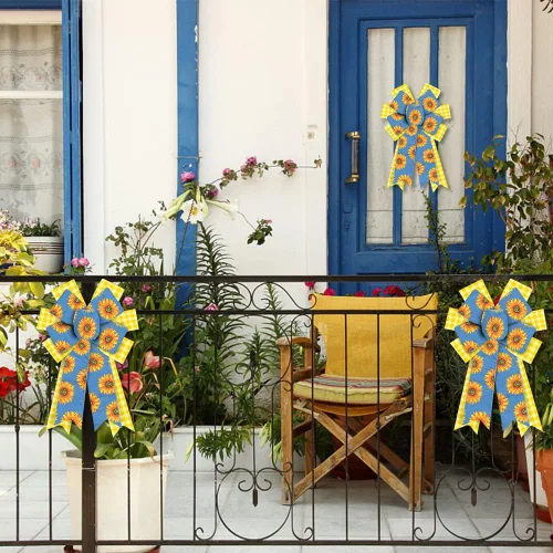 Miniatura 4 de Estivaux 2 lazos de girasoles de primavera para corona, lazos de corona de verano, lazos amarillos y blancos a cuadros, lazos de arpillera azules