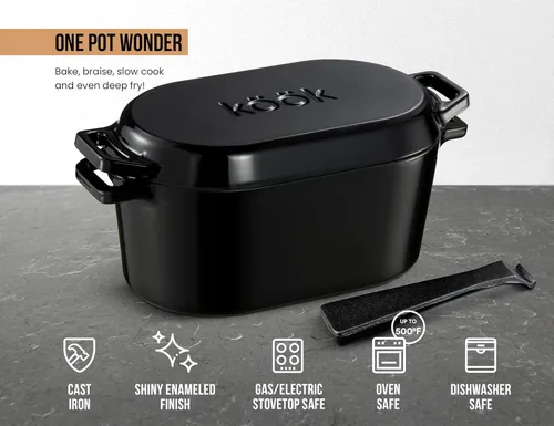 Miniatura 8 de KooK Horno holandés, para hornear pan, molde para pan de masa madre, con tapa, asas dobles, hierro fundido esmaltado, incluye palanca de tapa, apto
