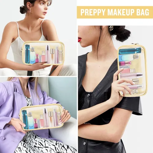Miniatura 5 de izuzta Bolsa de maquillaje pequeña de nylon, linda bolsa preppy, bolsa con cremallera para cosméticos, Beige, Chico 2-Beige