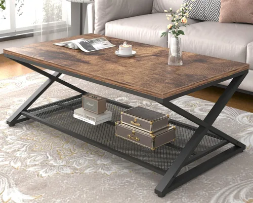 Miniatura 8 de LVB Mesa de café negra, mesas centrales de 2 niveles de metal y madera con estante de almacenamiento, mesa de té moderna rectangular para el cóctel
