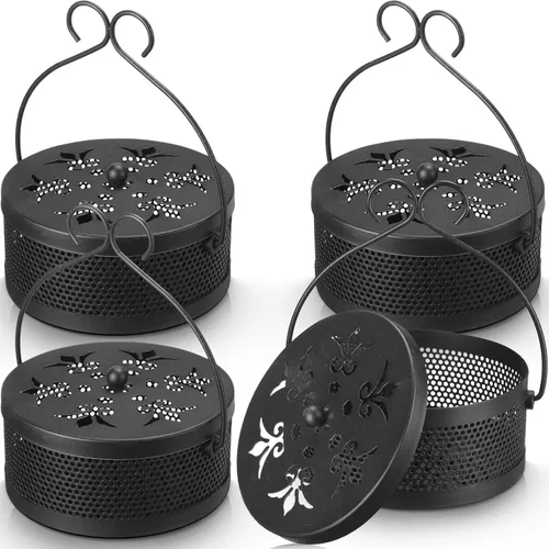 Miniatura 10 de Lallisa Juego de soportes de bobina de incienso, quemador de incienso redondo de metal colgante con asa y tapa, contenedor portátil para patio