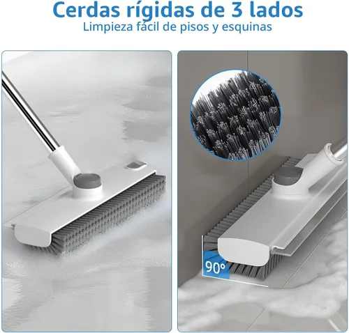 Miniatura 2 de Cepillo de fregar con mango largo, cepillo de fregar el piso con escobilla de goma para limpieza, escobilla de ducha 3 en 1 escoba de piso con Blanco