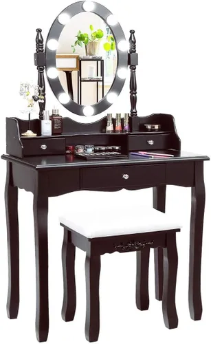 Miniatura 8 de Byroce - Juego de tocador con taburete acolchado, mesa de maquillaje con espejo ovalado iluminado giratorio de 360°, 3 cajones, 10 luces LED