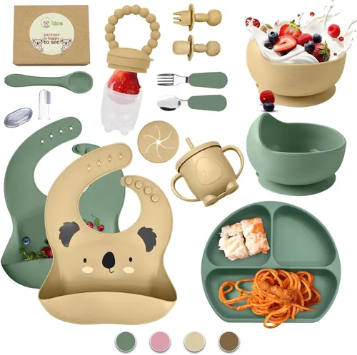 O'doe Juego de alimentación para bebé de 17 piezas sin BPA de silicona | Placas de succión gruesas y suaves, tazones para bebé, tenedor y cuchara de