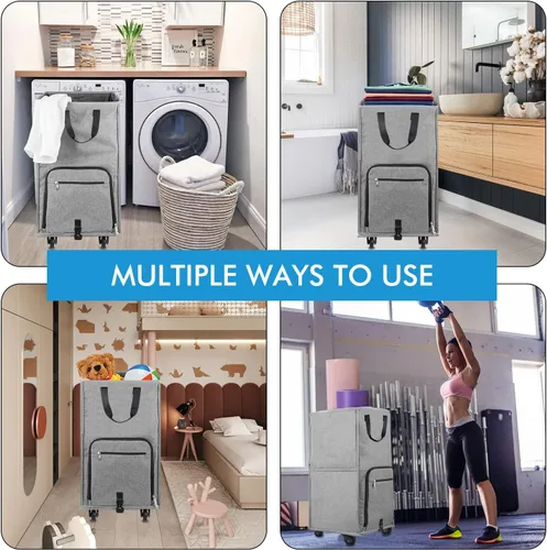 Miniatura 7 de Bukere - Cesta de lavandería con ruedas, cesta grande con 4 ruedas y 2 asas, bolsa de lavandería con ruedas plegable independiente para ropa, Gris
