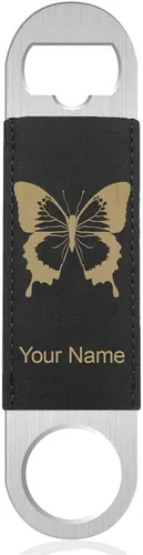 LaserGram Abrebotellas, mariposa cola de golondrina, grabado personalizado incluido (cuero sintético, negro y dorado)