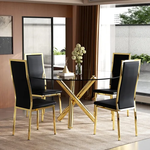 Miniatura 13 de Moderno juego de mesa redonda de cristal para 2, juego de mesa de cocina de círculo pequeño de 36 pulgadas con 2 sillas de comedor de piel sintética