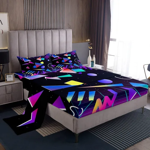 Erosebridal Juego de sábanas decorativas para niños, color azul con diseño geométrico multicolor, juego de sábanas triangulares de círculos de neón,