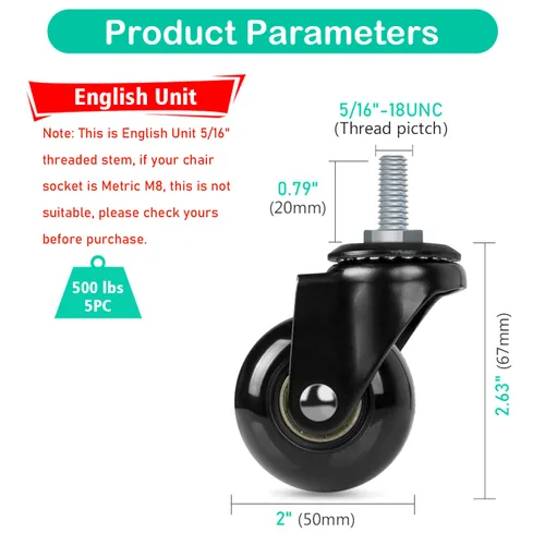 Miniatura 2 de Hirate Paquete de 5 ruedas para sillas de oficina con vástago roscado de 5/16 pulgadas a 18UNC, sillas giratorias silenciosas de 2 pulgadas, ruedas