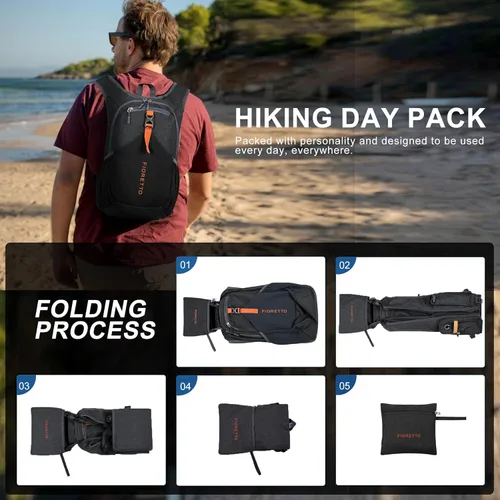 Miniatura 9 de FIORETTO Mochila de senderismo de 15L para mujeres y hombres, mochila mini plegable, mochila ligera pequeña para acampar, viajar, actividades al