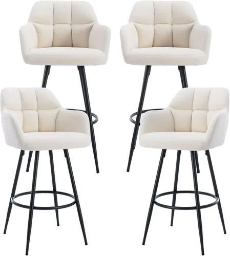 Miniatura 17 de ROCITY Juego de 2 taburetes de bar de terciopelo con respaldo, silla de bar beige para isla de cocina, taburetes de bar modernos con patas de metal