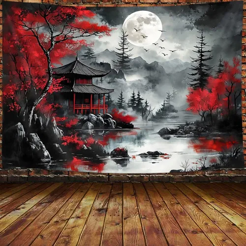 Miniatura 7 de Viajar Japanese Cherry Blossom Tapestry, Pink Sakura Landscape Wall Hanging with Red Moon Pagoda Bridge Waterfall, Asian Aesthetic Wall Decor for