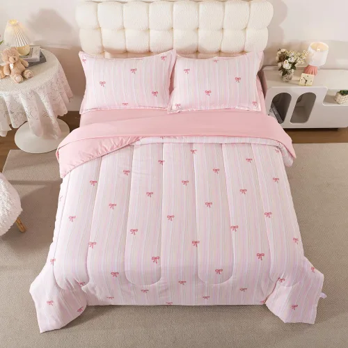 Juego de ropa de cama de 5 piezas con lazo rosa para niñas, tamaño individual, ropa de cama Kawaii en una bolsa con sábanas de microfibra suave