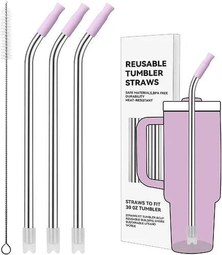 Miniatura 94 de Pajitas de metal rectas para vaso Stanley de 40 onzas, paquete de 3 popotes reutilizables de acero inoxidable con puntas de silicona y cepillo Gris