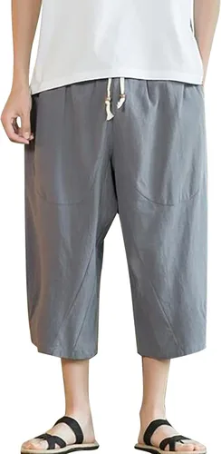 Pantalones capri de lino y algodón para hombre, pantalones holgados de harén con cordón, pantalones de playa de yoga, pantalones cortos de color