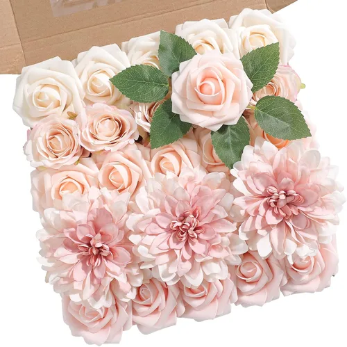 Miniatura 16 de rongflower Flores artificiales de aspecto real, color rosa polvoriento, rosas falsas de espuma con tallos, 25 piezas para bricolaje, bodas, Rosa