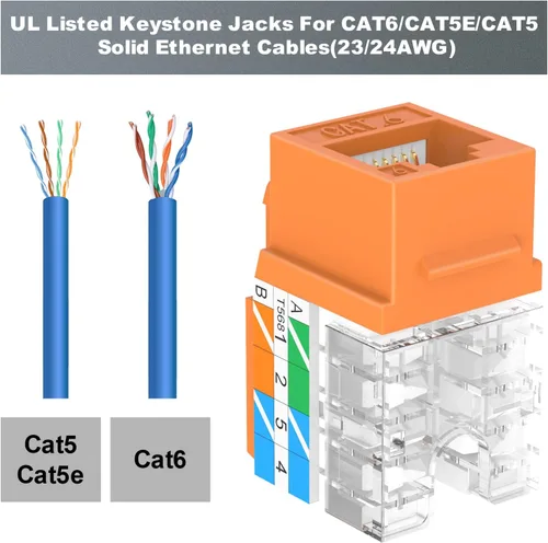 Miniatura 2 de VCE Conector Keystone Cat6 RJ45 con certificación UL, paquete de 25, adaptador de conector Keystone de presión de 90 grados, perfil delgado, naranja