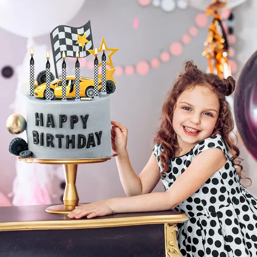 Miniatura 6 de Cindeer 12 velas de cumpleaños temáticas de autos de carreras, bandera a cuadros en blanco y negro para decoración de fiestas de autos de carreras