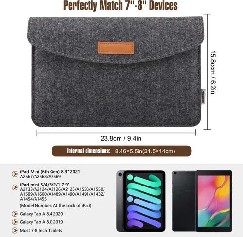 Miniatura 2 de MoKo Bolsa de 7-8 Pulgadas, Funda Protectora de Feltro para Tablet Portátil Compatible con iPad Mini (A17 Pro) 8.3" 2024, iPad Mini 6/5/4/3/2/1, Gris