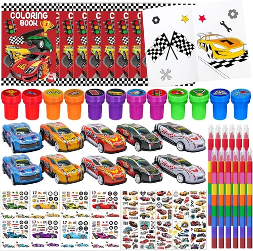 Cinrobiye 72 piezas de libros para colorear de autos de carreras, banderas a cuadros, regalos de fiesta de carreras, bolsas de regalo, suministros
