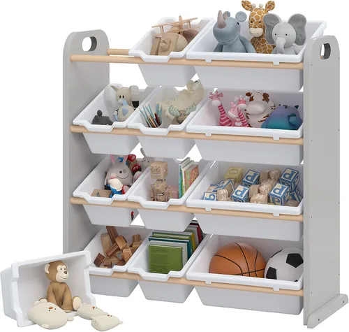 VECELO Estantería para niños con 12 contenedores, estante de madera para juguetes para niños pequeños, almacenamiento de gran capacidad para libros,