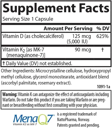 Miniatura 4 de Carlson - Super D3 + K2, 125 mcg (5000 UI) de vitamina D3, 90 mcg de vitamina K2 como MK-7, soporte óseo, absorción de calcio, 45 cápsulas
