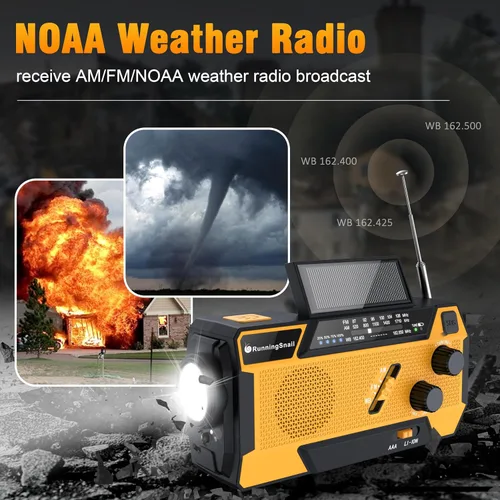 Miniatura 8 de Radio de emergencia con manivela meteorológica: Radio meteorológica AM/FM/NOAA con 3 cables incorporados - Radio manual con manivela de 2000mAh