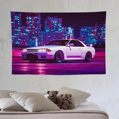 Miniatura 6 de PailailaiNest Arte de pared Jdm Car White R32 Neon City Night Scene Estética Tapiz colgante de pared para dormitorio, decoración de pared del hogar