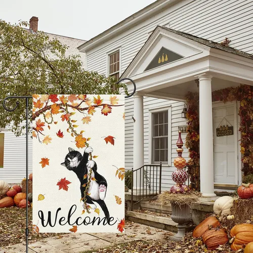 Miniatura 3 de Louise Maelys Bandera de jardín de gato de bienvenida de otoño de 12 x 18 pulgadas, doble cara, pequeña arpillera de otoño con gato negro, bandera
