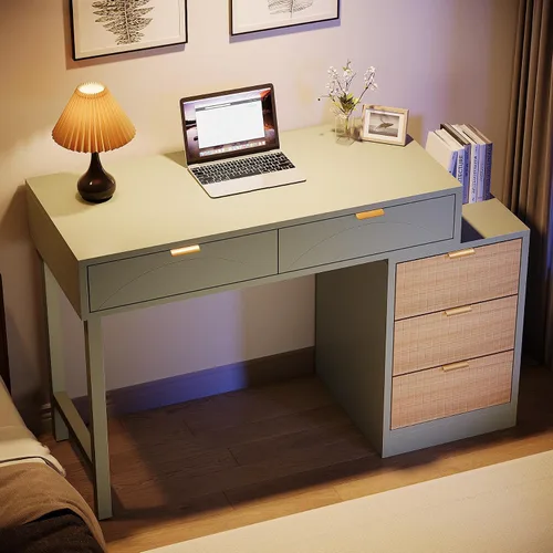 Miniatura 5 de Tribesigns Escritorio para computadora con 5 cajones, escritorio pequeño reversible con almacenamiento, mesa de estudio de madera moderna, estación
