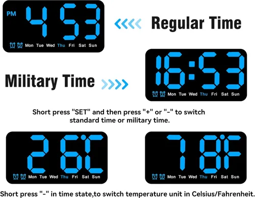 Miniatura 6 de Reloj de pared digital grande de 9.5 pulgadas con pantalla LED, DST automático, alarma dual con repetición, brillo ajustable, visualización