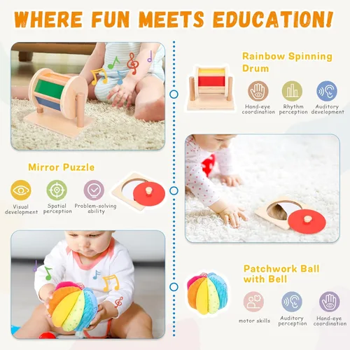 Miniatura 4 de Kit de juego Adena Montessori para bebé de 5-6 meses, juguetes educativos de aprendizaje 8 en 1 para niños pequeños, incluye tambor giratorio