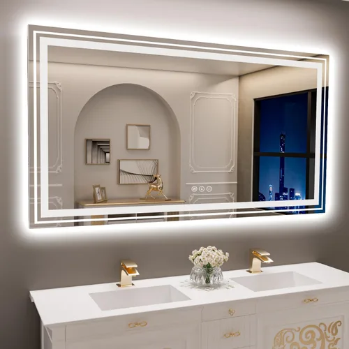 Snowdool Espejo LED de baño, 72 x 40 pulgadas con luz frontal y retroiluminada, antivaho, espejo grande de tocador de baño para pared, función de