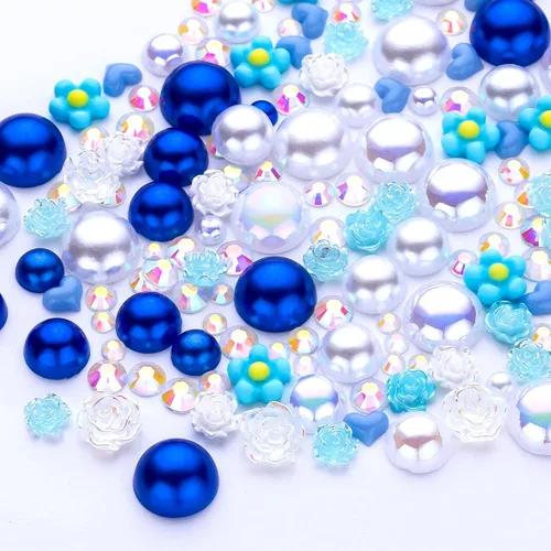 Miniatura 54 de 60g de Perlas Acuamarina Dorada con Diamantes de Imitación para Manualidades Tamaño Mixto 3mm-10mm Color AB Redondas Perlas Medias Planas Conjunto