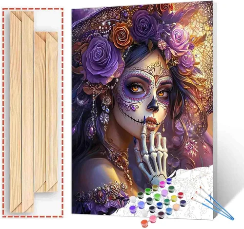 Miniatura 30 de Pintura por números para parejas tomadas de la mano, para adultos, principiantes, Día de los Muertos, Esqueleto, Pintura por números sobre lienzo