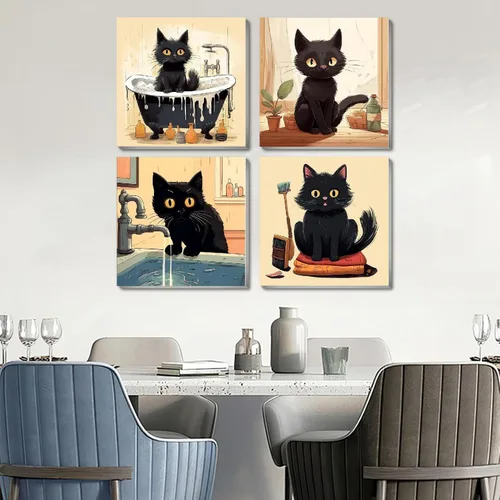 Miniatura 3 de Divertido kit de pintura por números de gato negro para adultos principiantes, paquete de 4 kits de pintura al óleo acrílica de gato negro