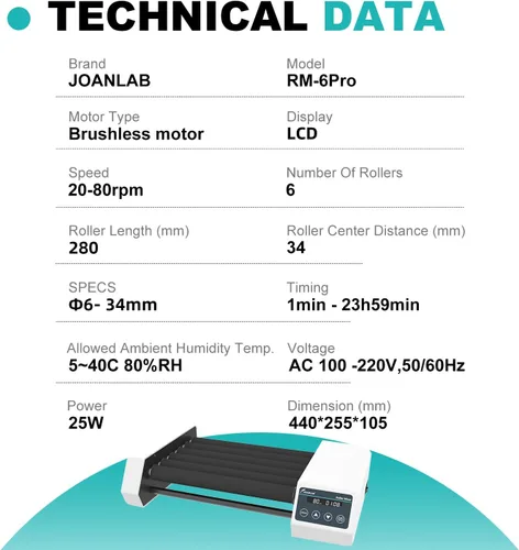 Miniatura 2 de Mezclador de tubo analógico digital con velocidad ajustable 20-80RPM, 6 rodillos con temporizador (1min-23h59min) y mezclador de rodillos